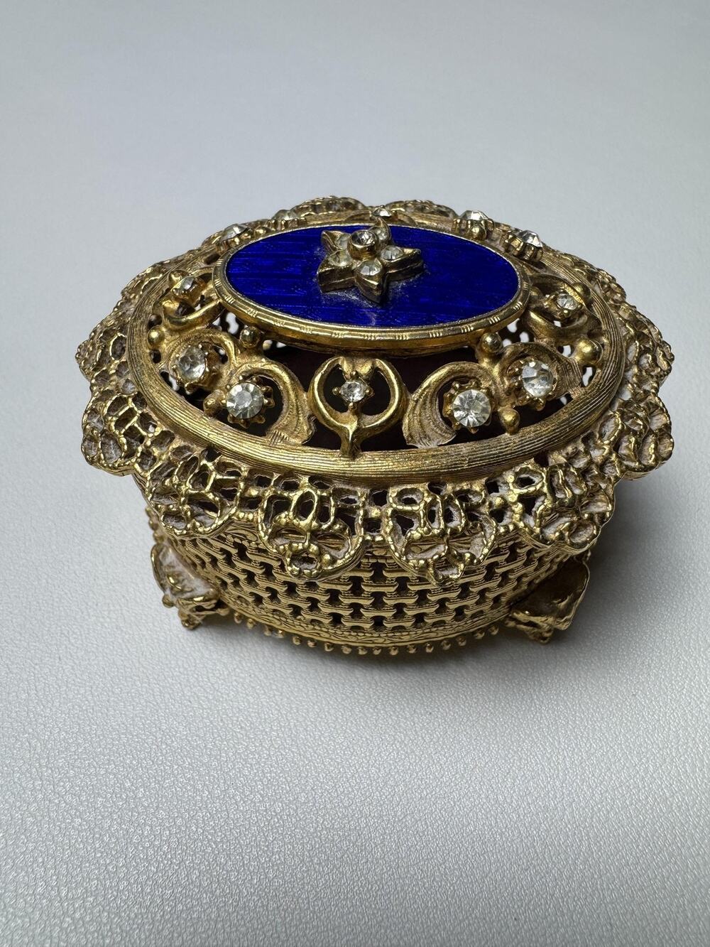 Vintage Florenza Jeweled Filigree Trinket Box Cobalt Blue Enamel Footed Oval